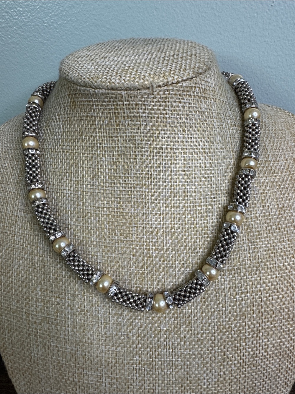 Vintage Silver-Tone Necklace with Cream Beads